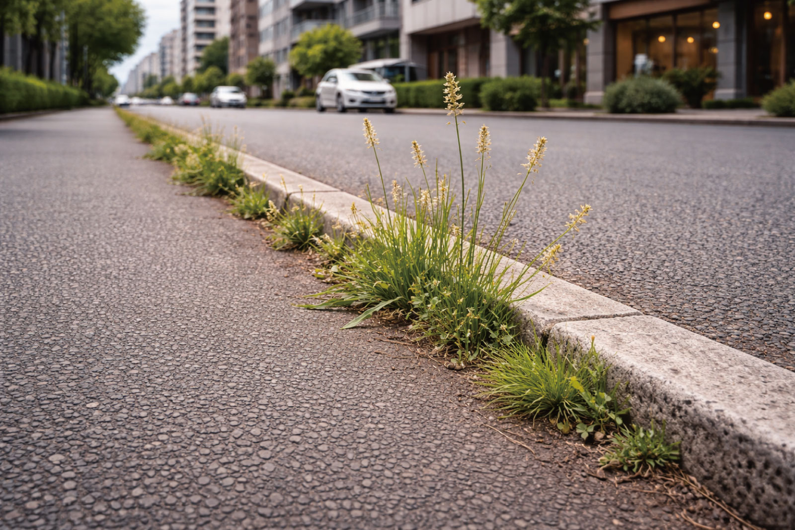 縁石とアスファルトの間から雑草が繁殖した様子
